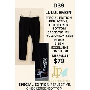 Lululemon Speed Tight III Size 4 black with reflective, checkerboard detail 

￼